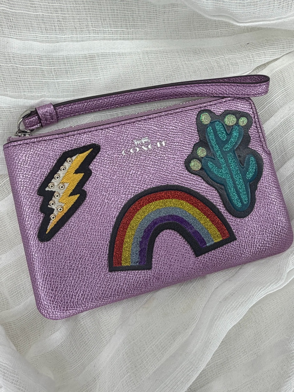 Coach Metallic Purple Rainbow Patch Wristlet Clutch Cactus Lightning Bolt Pouch